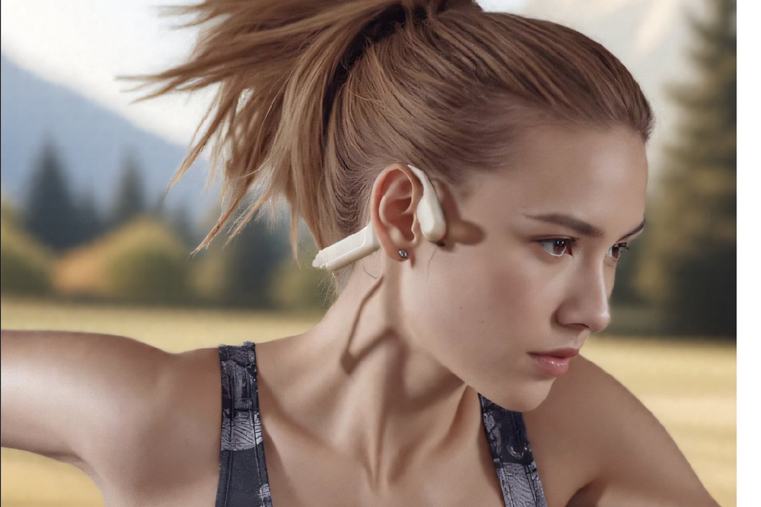 A wearer with an over-ear bone conduction headband, the transducer pad resting on the cheekbone in front of the ear while the ear canal stays completely open