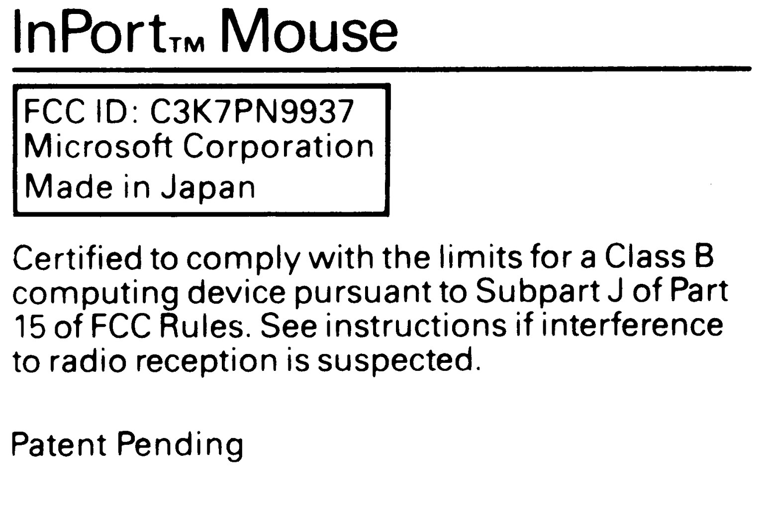 A printed product label reading FCC ID: C3K7PN9937, with the manufacturer name, country of origin and the Class B Part 15 compliance statement below it