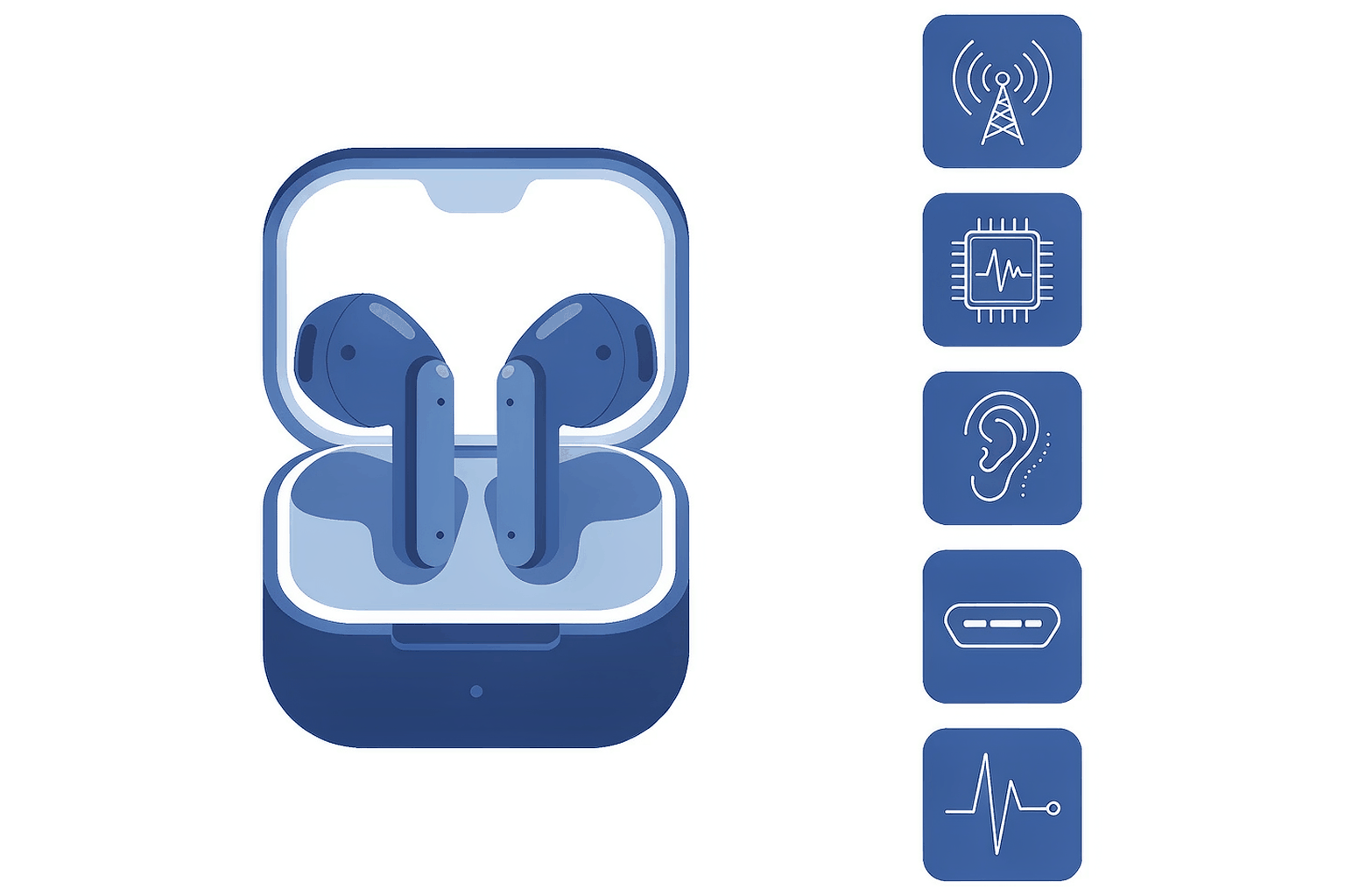 Flat blue and white illustration of five stacked layers behind a pair of wireless earbuds, with a broadcast wave passing through a public space, a small chip icon, a medical cross, and a USB-C charging case