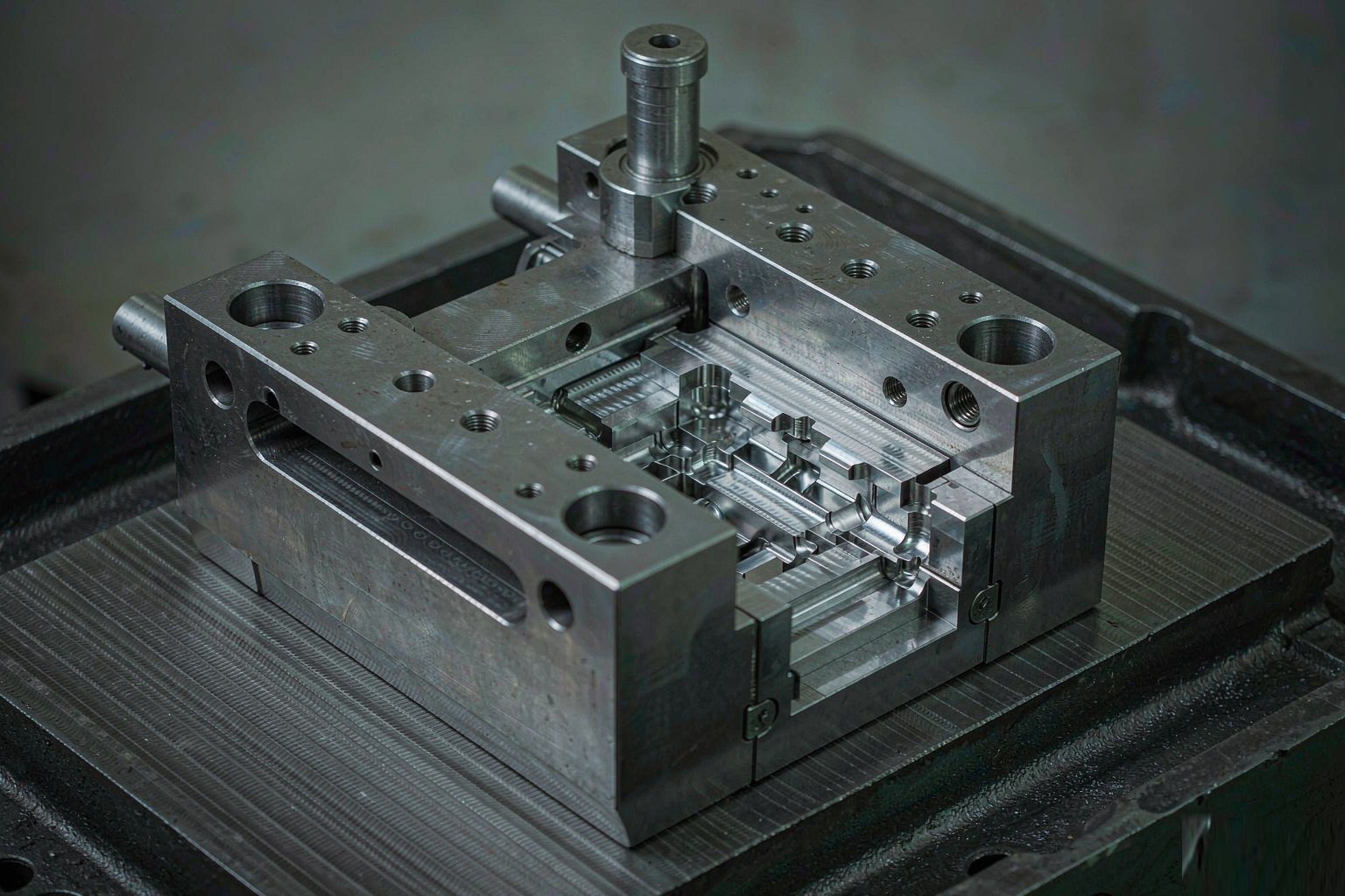 Open steel injection mould halves for a small plastic shell on a machine bed, showing cavity inserts and guide pins
