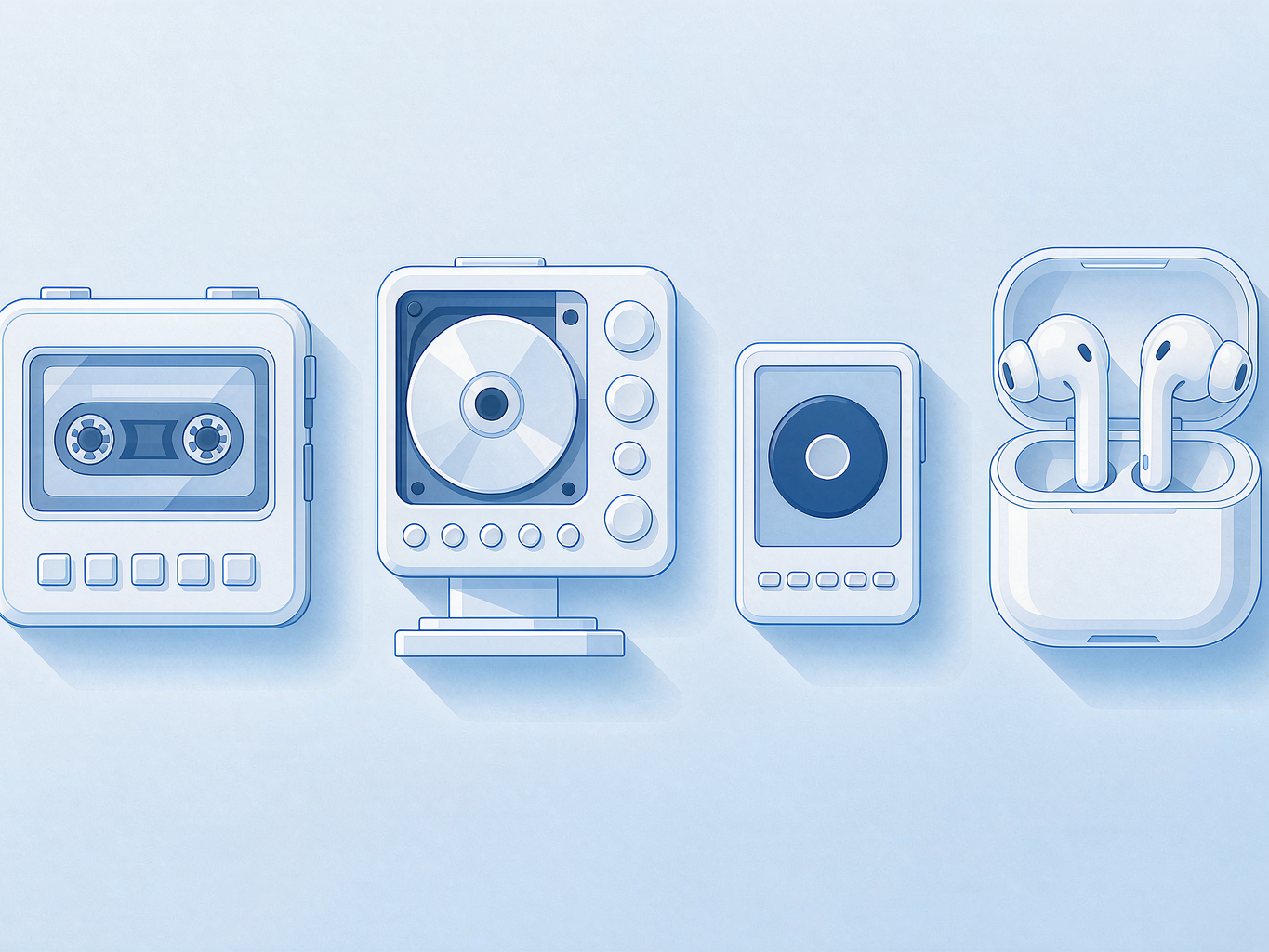 Flat blue and white illustration showing four stages of portable audio side by side: a cassette player, a portable CD player, a hard-drive music player, and a pair of true wireless earbuds in an open charging case