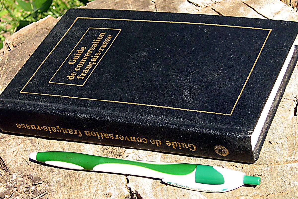 A hardback French-Russian conversation guide lying open on a tree stump beside a green and white pen