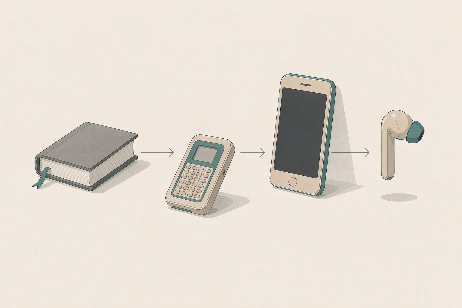 An editorial illustration of the evolution of translation devices: a printed phrasebook, a pocket electronic translator and a wireless earbud