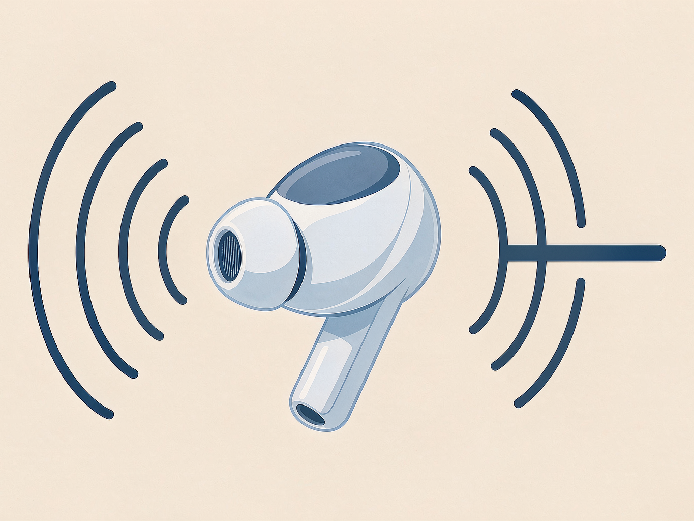 Flat blue and white illustration of a wireless earbud with ambient sound waves on one side and an inverted set of waves flattening into a straight line on the other