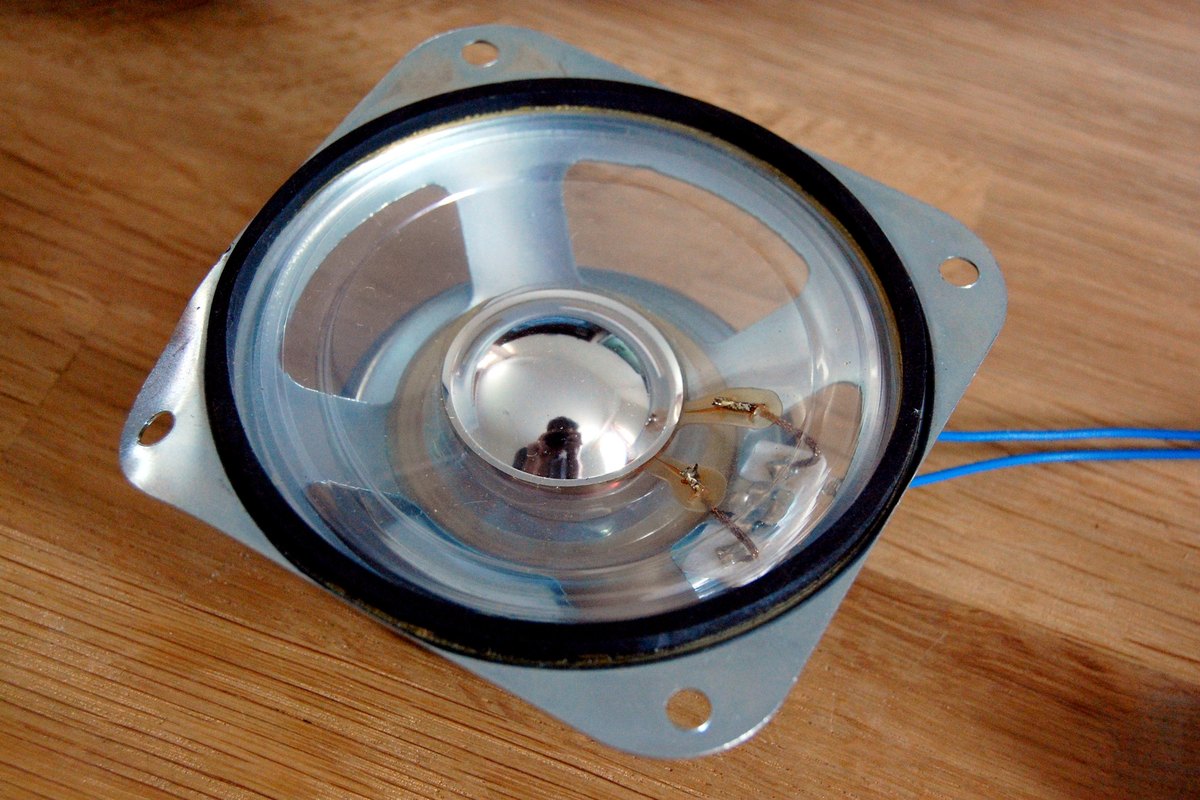 Close-up of a loudspeaker driver showing diaphragm, frame and voice coil leads