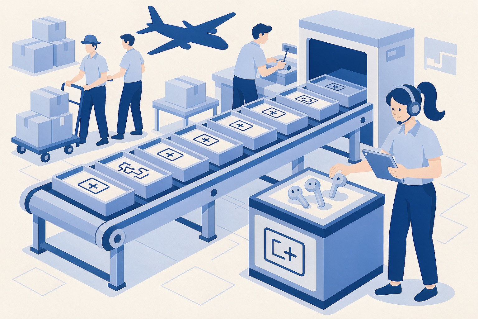 Illustration of an electronics supply chain: conveyor, packing, freight and quality control