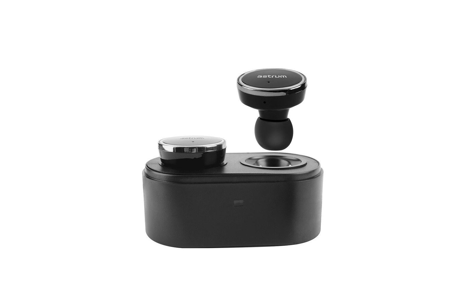 A black true wireless earbud standing on its stalk beside its charging case, photographed on a white background