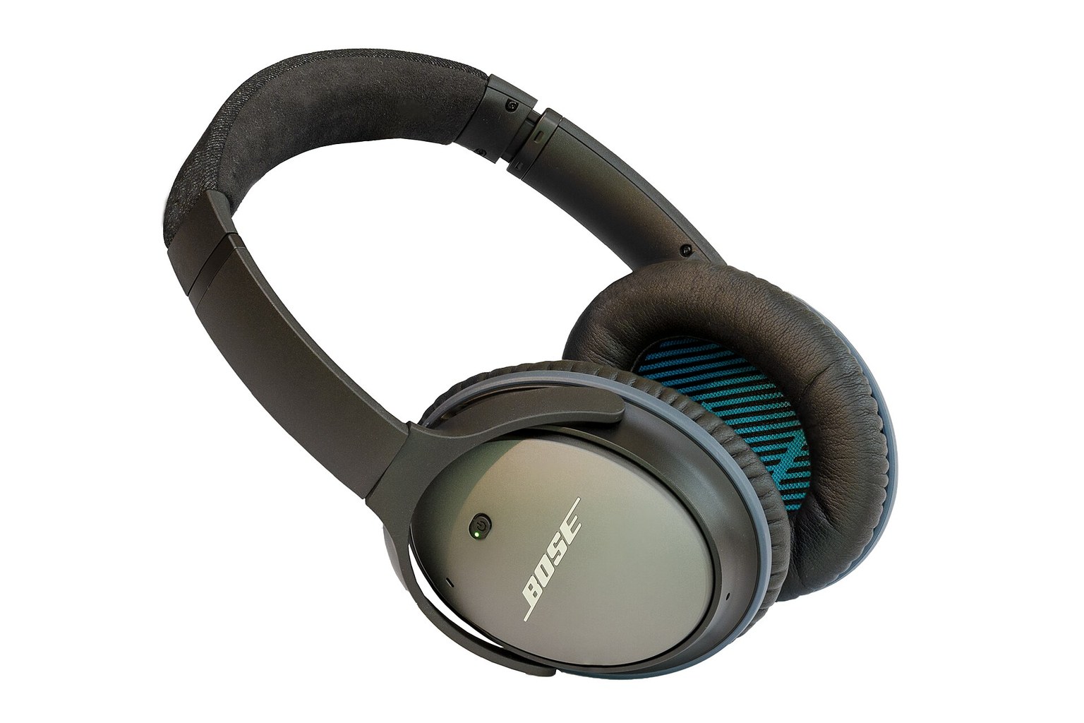 A Bose QuietComfort 25 active noise cancelling headphone photographed on a white background