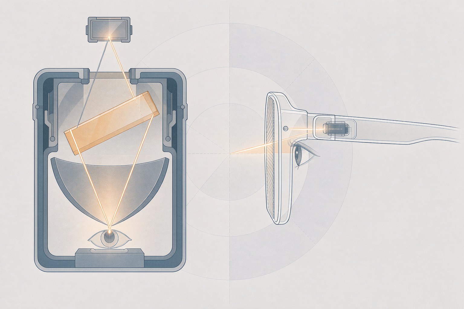 Two cross-section diagrams side by side: a birdbath optics module with a beamsplitter and concave mirror, and a thin waveguide plate with a light engine in the temple